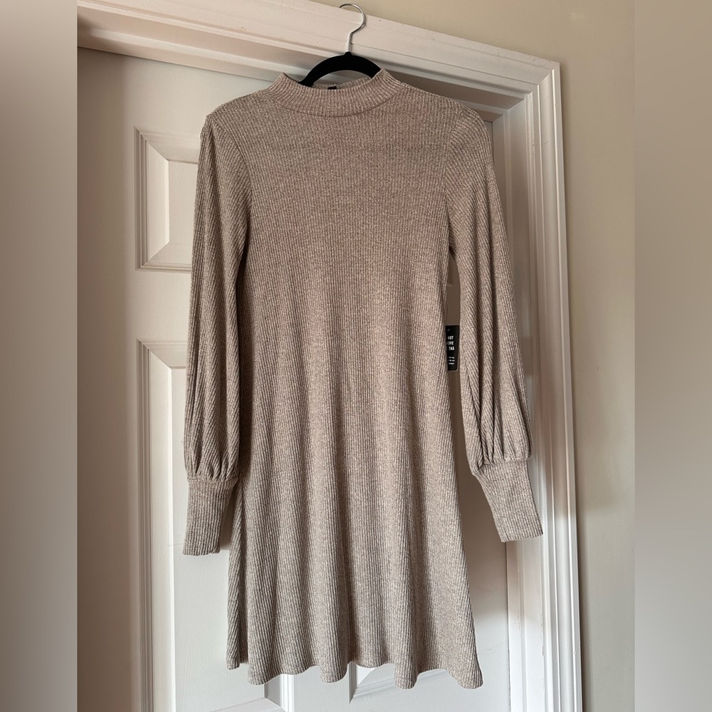 Express Ribbed Mock Neck Trapeze Dress, tan, XS